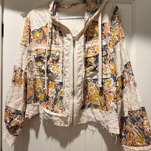 POL Floral Patchwork Utility Jacket in Cream and Blue
